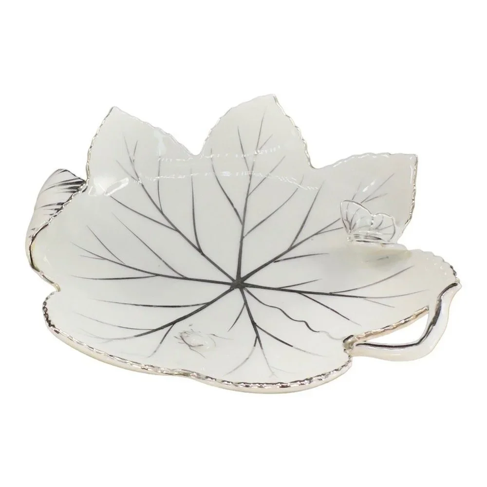 Andrea By Sadek Hand Painted Leaf Dish‎ Bowl Silver Overlay Butterfly And A Bug